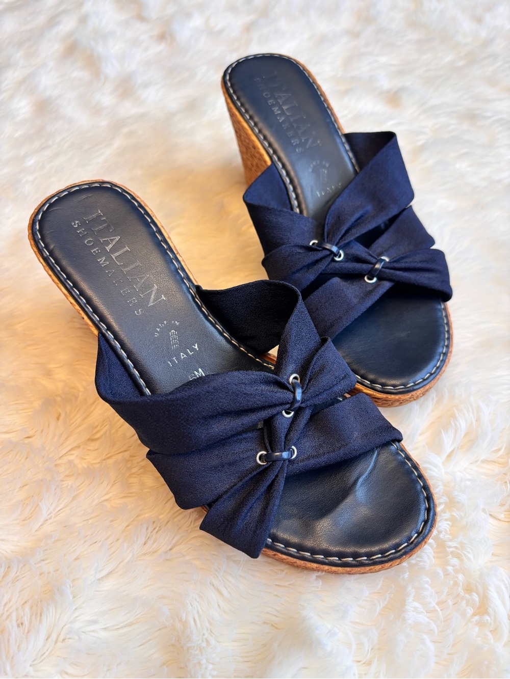 Italian Shoemakers Navy Blue Knotted Strap Slide Cork Wedge Sandals Womens 6M
